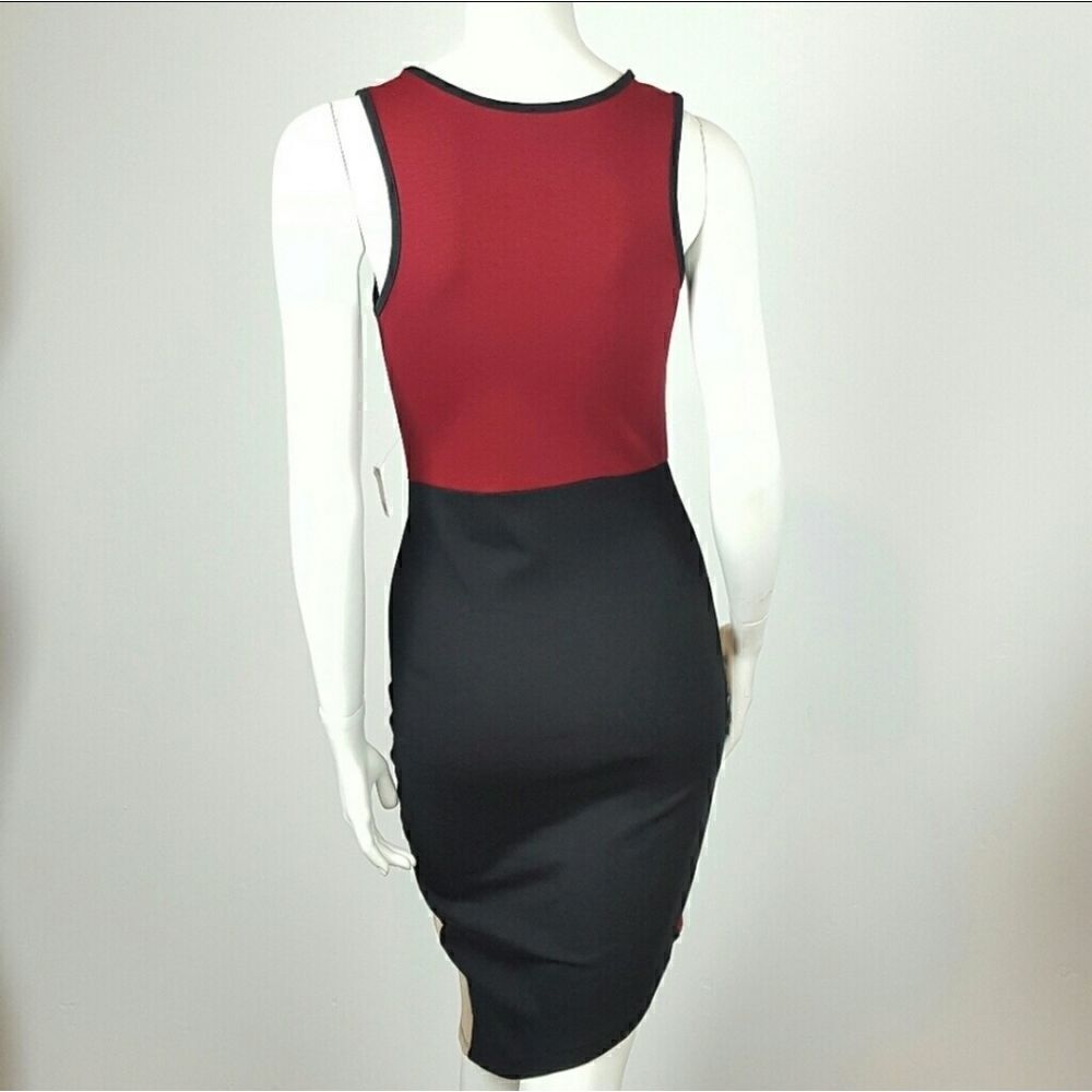 BODYCON MIDI DRESS MULTICOLOR BURGANDY-BLACK- CREAM ASIMETRICAL‎ - Picture 4 of 5